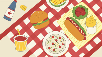 Picnic food illustration with burger hotdog chips salad and drink on a checkered blanket design