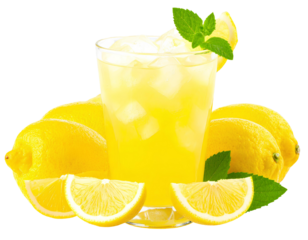 A glass of bright yellow lemonade with ice, a lemon slice, and mint, surrounded by isolated on transparent background.