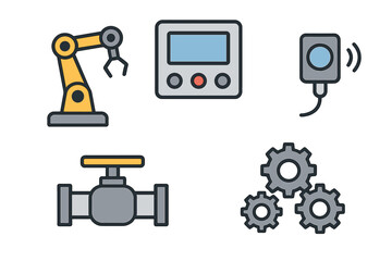 Industrial robotic arm, control panel, valve, and gears illustrate automation and machinery in a workshop setting