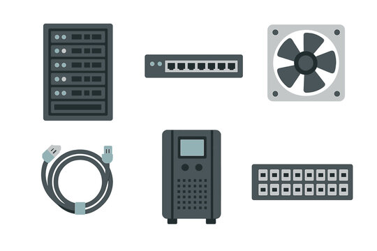 Tech components and accessories displayed on a white background to illustrate networking and computer hardware essentials