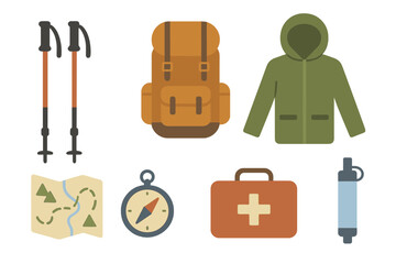 Essential hiking gear for outdoor adventures including a backpack, trekking poles, and a map