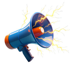 Blue megaphone with yellow lightning bolts isolated on transparent background