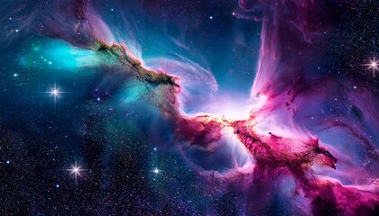 deep space nebula glows with swirling pink and teal gas and stars