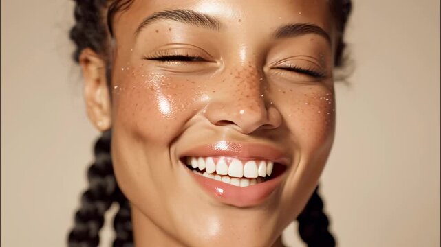Close up of female model wearing glossy lipstick, displaying radiant skin, sparkling makeup, braided hair beauty for industry visuals video 4k