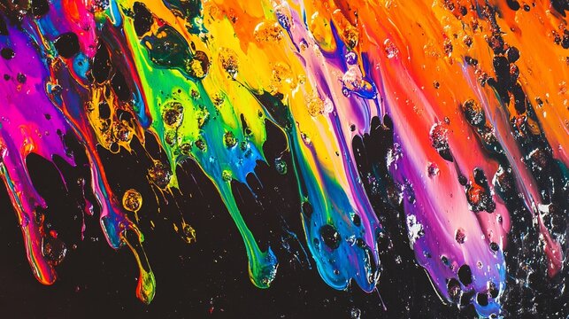 Abstract rainbow paint streaks with a glossy finish on a dark background create a vibrant splash effect