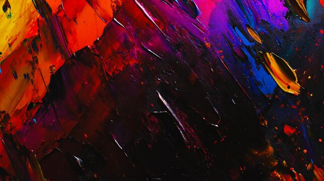 Bold Rainbow Paint Splashes Create Dynamic Abstract Art with Dark Background