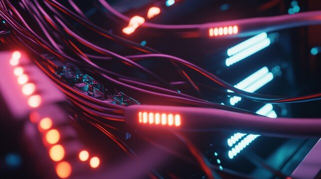 Interconnected network cables with vibrant LED lights for secure data transfer infrastructure