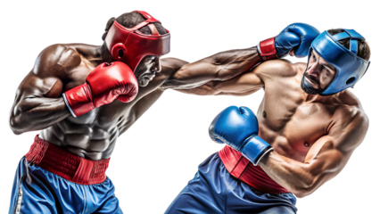 Two muscular boxers in action, exchanging punches during a competitive match isolated on transparent background, showcasing strength, agility, and determination