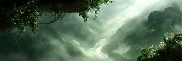 Misty jungle landscape with cascading waterfall