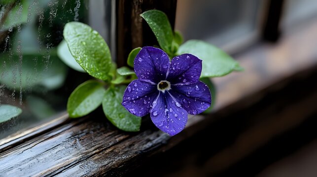 Purple periwinkle flower with water drops on petals against wooden window frame, fresh green leaves and natural morning dew create serene garden atmosphere. - Powered by Adobe