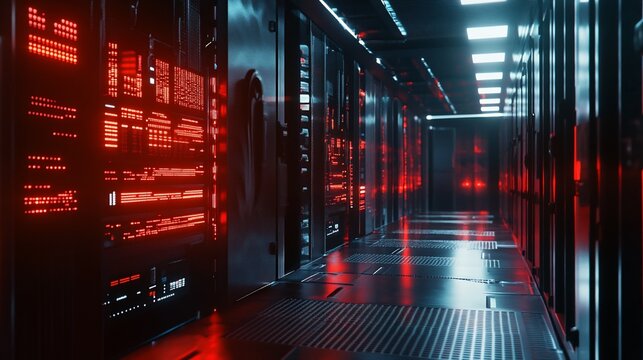 A dimly lit server room with glowing red lights on the server panels and a metallic floor
