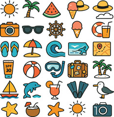 3D Summer Vacation Icon Set – Colourful Cartoon Collection for Beach, Travel, and Tropical Fun