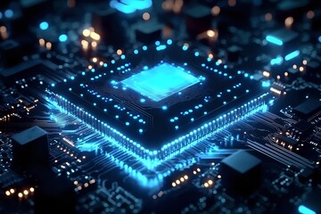 Glowing blue microprocessor on circuit board with futuristic lighting effects, close-up view showing electronic components and digital technology connections.