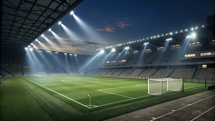 Football stadium field illuminated by spotlights. Realistic 3d render of white bright light beams on green night soccer pitch. Empty sport arena for championship playground background. 3D illustration