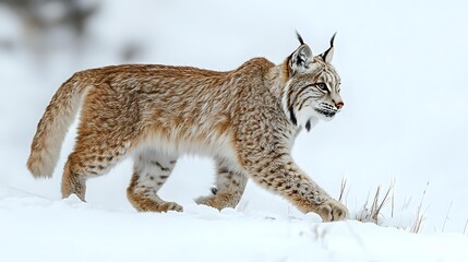 Majestic lynx walking through deep winter snow, displaying distinctive ear tufts and spotted fur pattern while hunting in natural wilderness habitat.