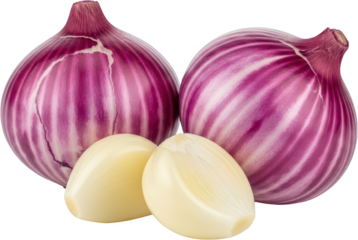Two ripe red onions and three peeled garlic cloves isolate food ingredient vegetable fresh raw produce