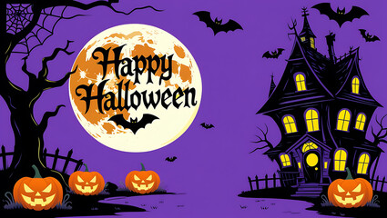 Spooky Halloween scene with haunted house and pumpkins 1