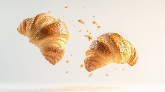 Two croissants floating in mid-air with crumbs scattered around on a light background