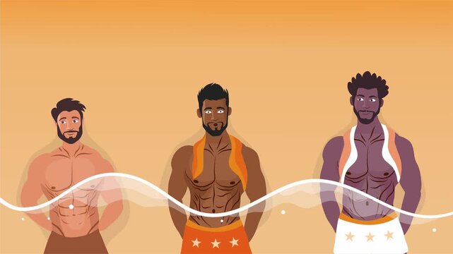 Animated three shirtless men standing in swim shorts with confident expressions