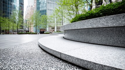 Modern city plaza with curved granite seating area.