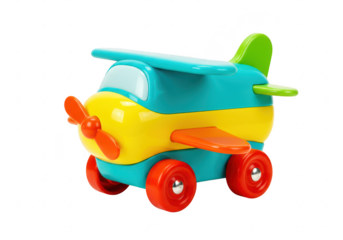 A bright and colorful toy airplane with red wheels and a propeller, isolated on transparent background