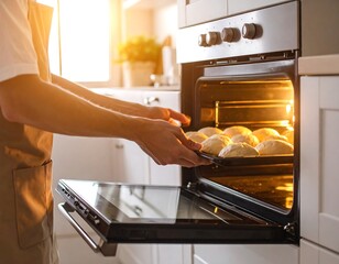 A baker removes baked goods from an oven