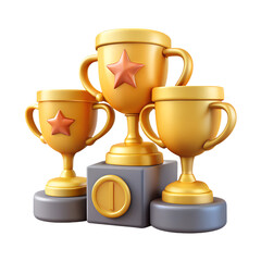 Set of Winners Trophy Golden Award Cups – 3D Illustration, Transparent PNG