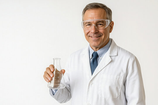 Science teacher in a white lab coat and safety goggles holding a glass beaker, smiling confidently while standing against a plain white background with ample copy space, representing STEM education.
