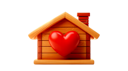 Wooden house with red heart symbol isolated on transparent background