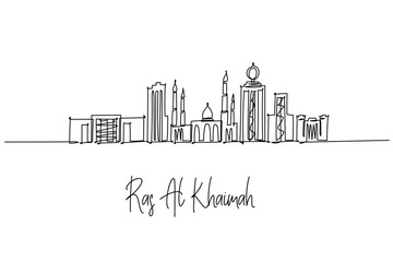 Fototapeta premium Ras Al Khaimah city skyline in single line drawing, highlighting mosques, waterfront towers and heritage forts