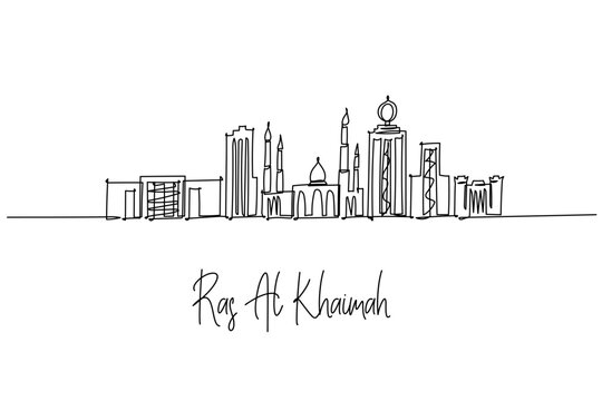 Ras Al Khaimah city skyline in single line drawing, highlighting mosques, waterfront towers and heritage forts