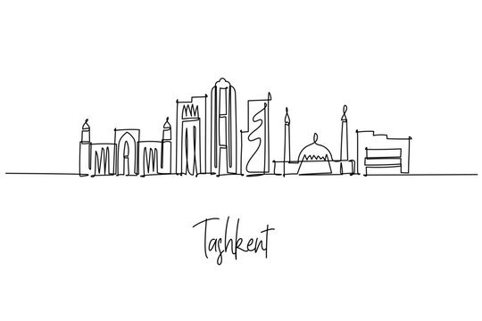 Tashkent city skyline in continuous line drawing, blending Soviet modernism and Islamic architecture with Hazrati Imam and modern towers; an urban architecture concept with Uzbekistan travel theme.