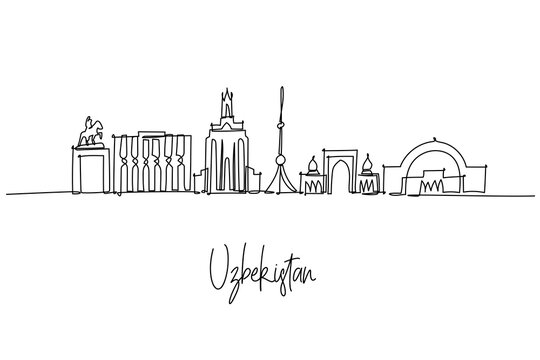 Uzbekistan city skyline in one line drawing, featuring Tashkent Tower, Registan Square, Hazrati Imam and arches; a cultural architecture concept with Uzbekistan travel theme, Silk Road heritage.
