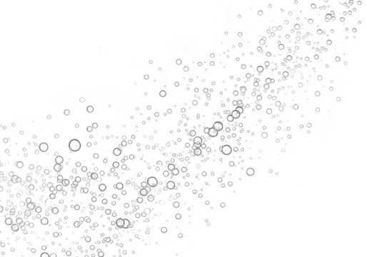 Abstract pattern of numerous small clear bubbles rising in water, isolated on transparent background