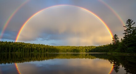 Naklejka premium Double Rainbow Over Forest Lake