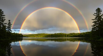 Naklejka premium Double Rainbow Over Lake and Forest Landscape