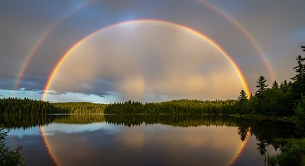 Naklejka premium Double Rainbow Over Lake and Forest Landscape