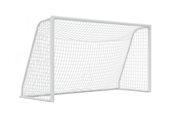 White soccer goal with net isolated on transparent background, ready for a game of football or sport
