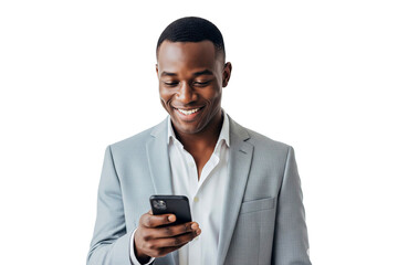 African businessman smilling when looking at phone isolated on white