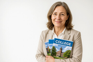 Friendly guidance counselor in beige blazer holding colorful college brochures, smiling confidently while offering academic and career advice, standing against a plain white background with ample copy