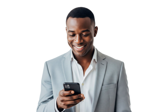 African businessman smilling when looking at phone isolated on white - Powered by Adobe