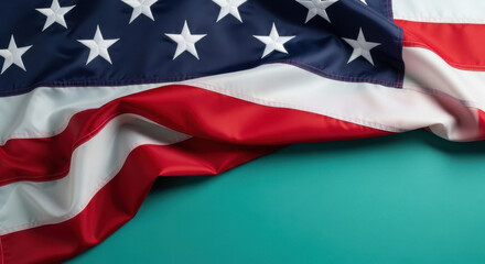 American flag waving with stars and stripes on blue background with copy space
