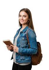 Young caucasian woman, long brown hair, blue denim jacket, grey sweater, holding brown hardcover book, backpack, smiling confidently in bright, shadowless studio, 3/4 view, concept of youth and