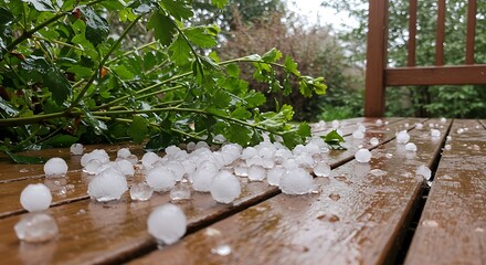 Hail on Wooden Deck After Storm