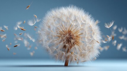 Close-up view of a dandelion seed head in motion.
