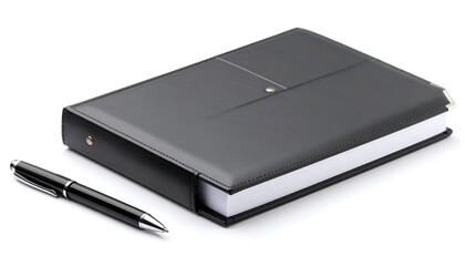 Elevated still life composition featuring a black leather-bound organizer and pen