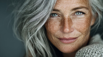 Elegant mature woman portrait with confident expression natural gray hair detailed facial features and outdoor lighting showcasing timeless beauty and emotional authenticity