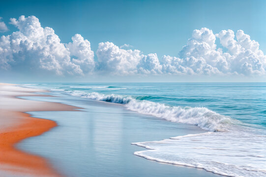 Plage de sable orange vide et infinie avec des nuages dans le ciel