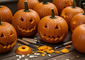 A collection of carved pumpkins with various expressions arranged on a wooden surface, showcasing the festive spirit of Halloween and creativity in pumpkin carving