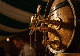 A close-up of a wooden beer barrel with shiny brass taps showcasing droplets of beer being poured, creating a festive atmosphere in a pub setting